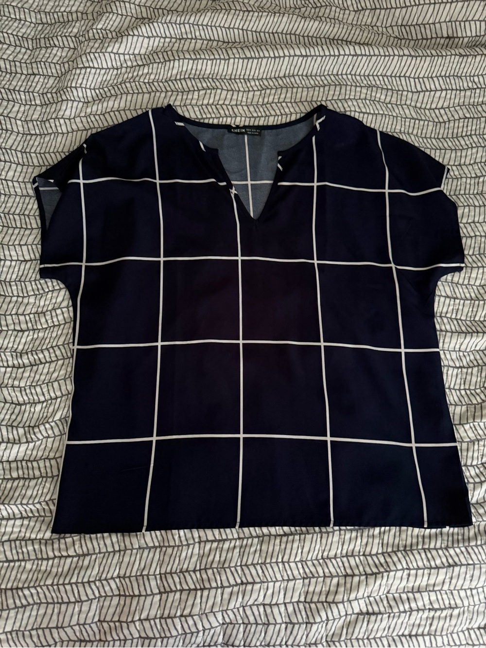 SHEIN Navy and White Windowpane V-Notch Short Sleeve Blouse